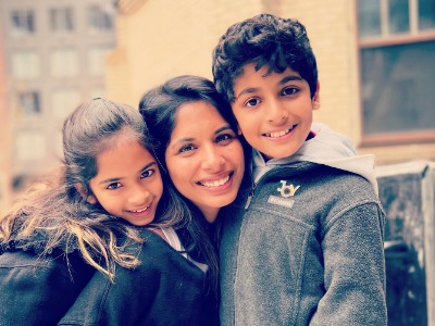 Sheena Melwani with her kids, Jae and Zara Melwani.